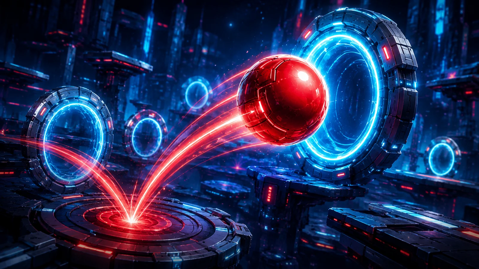 Neon sci-fi arena with a glowing red orb moving through futuristic portals